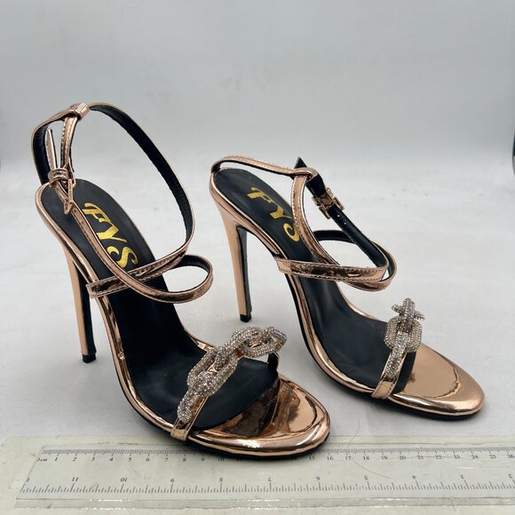 FYS Gold Chain Open Toe Sandals Cross Strap Stiletto High Heels Sexy Party Shoes - Picture 4 of 8